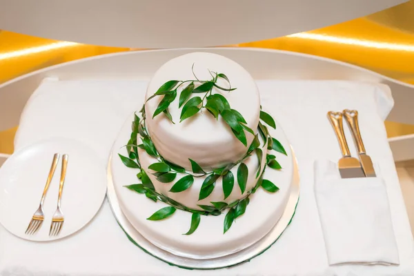 空きテーブルに新鮮な緑の葉で飾られたエレガントな白マルチ レベルの結婚式や誕生日のケーキの上から見る — ストック写真