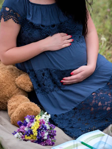 Belleza Barriga Mujer Embarazada Con Vestido Azul Con Mano Estómago — Foto de Stock