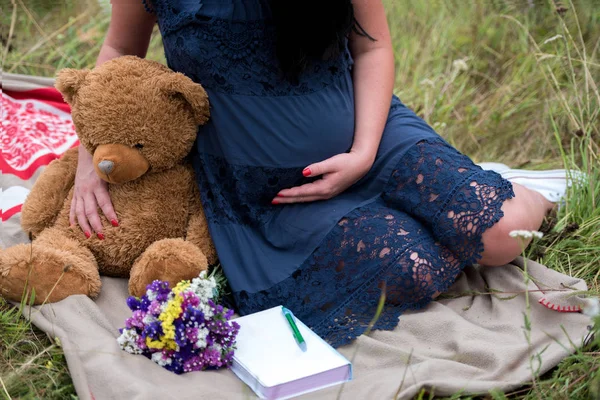 Mujer Embarazada Vestido Sosteniendo Osito Peluche Barriga Primer Plano Mujer — Foto de Stock