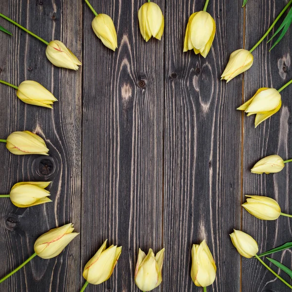 Γύρος Πλαισίων Κίτρινη Τουλίπα Λουλούδια Ρουστίκ Ξύλινα Φόντο Αντιγράψτε Χώρο — Φωτογραφία Αρχείου