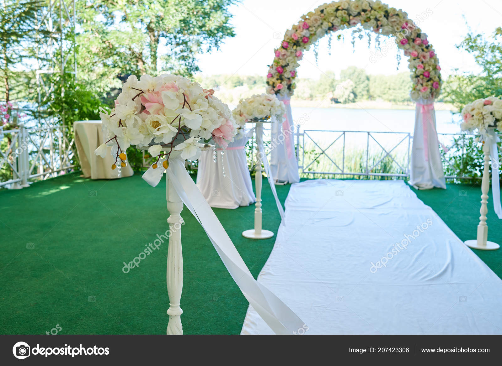 Beautiful Wedding Flowers Transparent Fabric Archway Copy Space