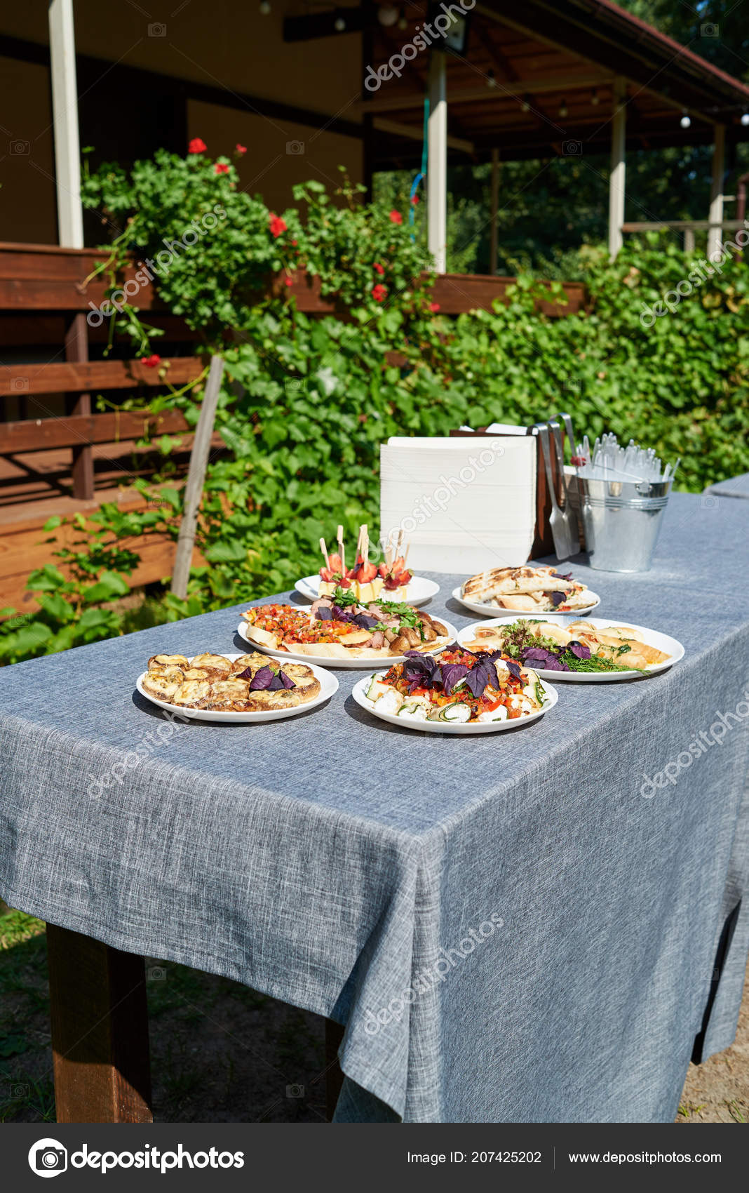 Plates Snacks Servered Buffet Table Wedding Reception Outdoors