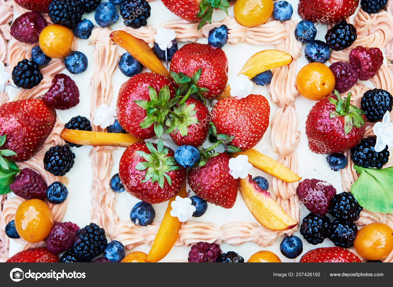 Top View Birthday Wedding Cake Fresh Fruits Berries Copy Space