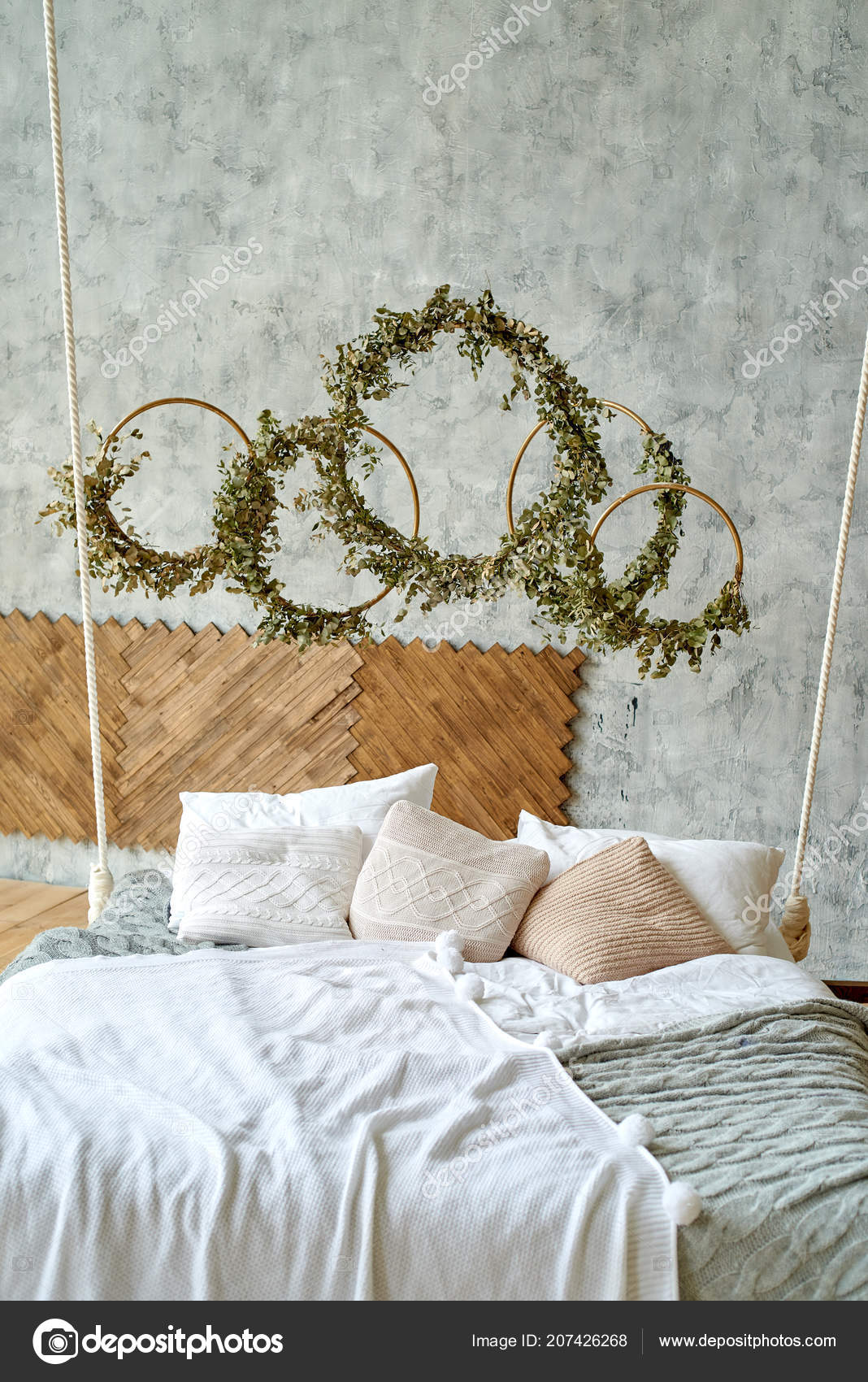 Hanging Wooden Bed Suspended Ceiling Pillows Cozy White