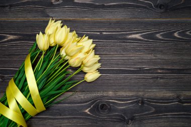 Lale ile kurdele, kopya alanı Grup ile bahar arka plan. Ahşap zemin üzerine sarı laleler. Düz yatıyordu, en iyi görünüm. Sevgililer günü, Woman's Day, anneler günü, Paskalya için tatil tebrik kartı