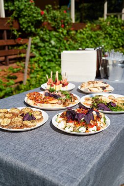 Lezzetli aperatifler, meze, parti ya da piknik masada sandviç. Tatil yaz parti tablosunda açık bahçe. Doğum günü veya düğün kutlama ziyafet tablo farklı yemek aperatifler ile catering