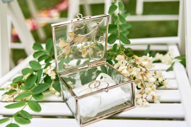 İki altın alyans cam kutusu ve çiçek ve yaprakları ahşap yüzey üzerinde beyaz akasya dalı. Düğün kartı, tebrik Valentine's Day. Alyans, kopya alanı