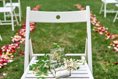 İki altın alyans cam kutusu ve çiçek ve yaprakları ahşap sandalye üzerinde beyaz akasya dalı. Düğün kartı, tebrik Valentine's Day. Alyans, kopya alanı