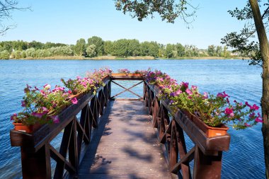Nehir ahşap iskele tencere, açık gökyüzü ve masmavi bir deniz, kopya alanı pembe petunyaların çiçeklerle. Yaz nehir doğa manzara
