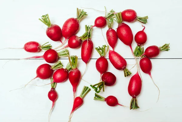 Fresh Garden Organic Radish White Wooden Background Copy Space Freshly — Stock Photo, Image