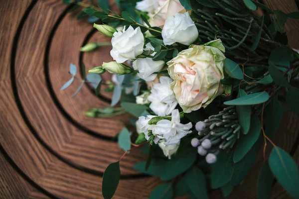 Close Lush Wedding Bouquet White Flowers Greenery Wooden Background Copy — Stock Photo, Image