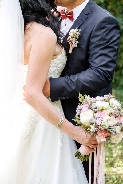 Happy Bride Groom Hugging Kissing Wedding Ceremony Outdoors Copy Space — Stock Photo, Image