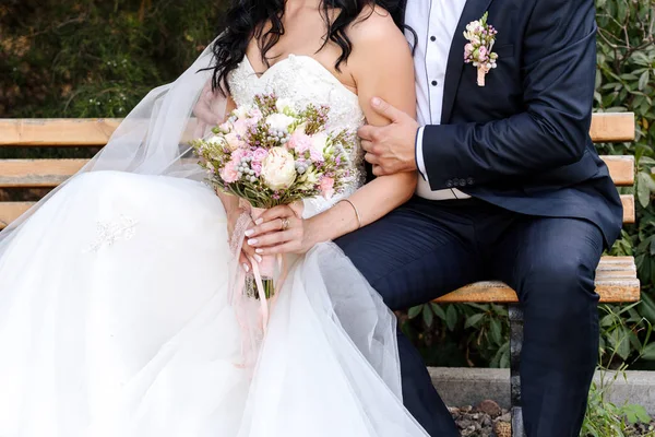 Happy Bride Groom Sitting Bench Hugging Outdoors Copy Space Wedding — Stock Photo, Image