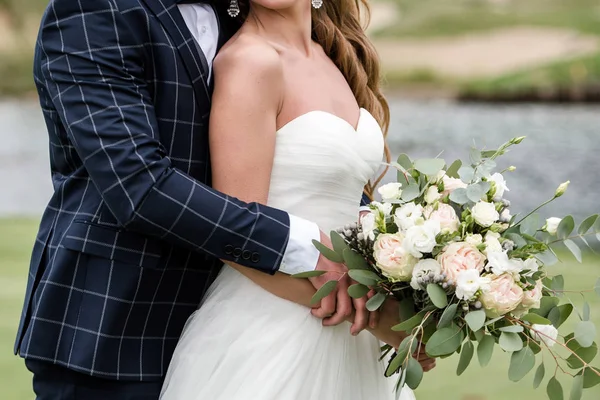Happy Bride Groom Holding Hands Wedding Ceremony Outdoors Copy Space — Stock Photo, Image