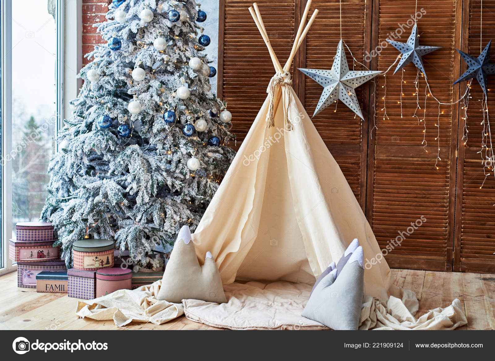 Christmas Tree Gifts Wigwam Window Child Room Copy Space