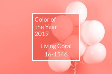 Yaşam mercan sürü uçan balonlar, kopya alanı metin için arka plan. Yıl 2019 rengi. Noel, Doğum günü, Sevgililer günü, düğün, tatil kavramı