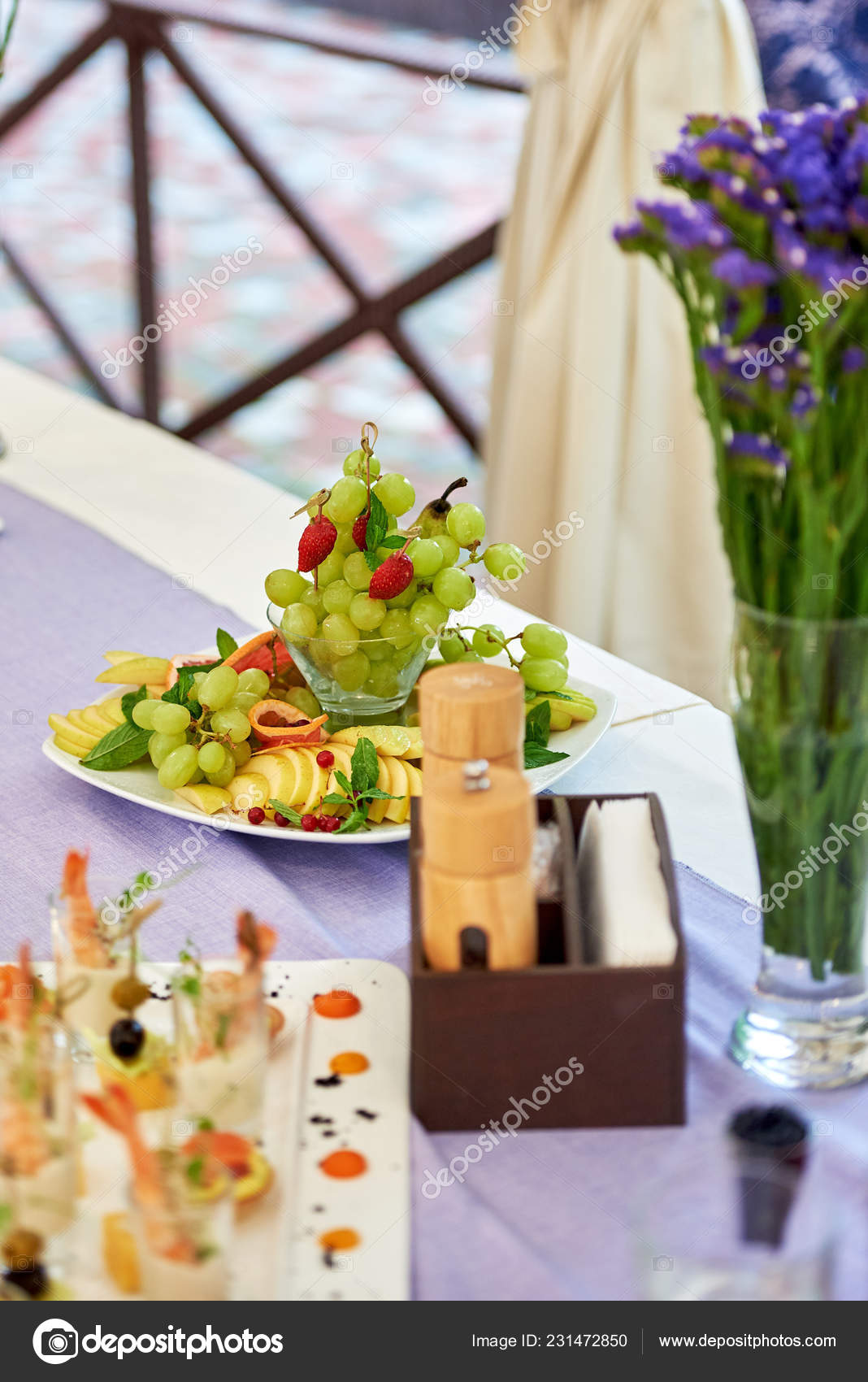 Plate Sliced Fruits Berries Servered Buffet Table Luxury Wedding
