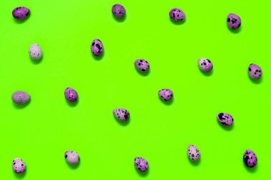 Yeşil arka plan, kopya alanı üzerinde bıldırcın yumurtası. Sağlıklı gıda kavramı. Üstten görünüm, düz yatıyordu. Paskalya yumurtaları. Mutlu Paskalya kavramı