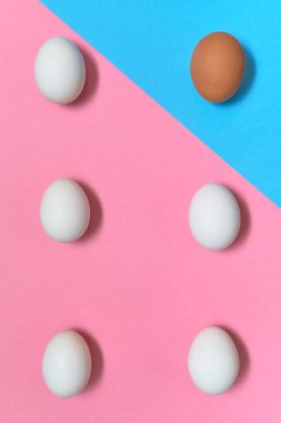 Mavi ve pembe pastel arka plan, kopya alanı üzerinde yumurta. Kağıt arka plan iki rengi ile üzerinde yumurta. Paskalya yumurtaları. Düz yatıyordu, en iyi görünüm. Bireysellik, üstün, benzersiz, bağımsızlık