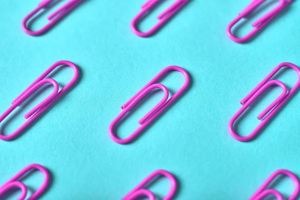 Violet paper clips isolated on blue background, close up, copy space. Top view, flat lay. Back to school, college, education concept