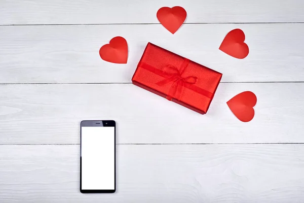Bovenaanzicht Van Mobiele Cellphone Met Witte Leeg Scherm Rode Geschenk — Stockfoto