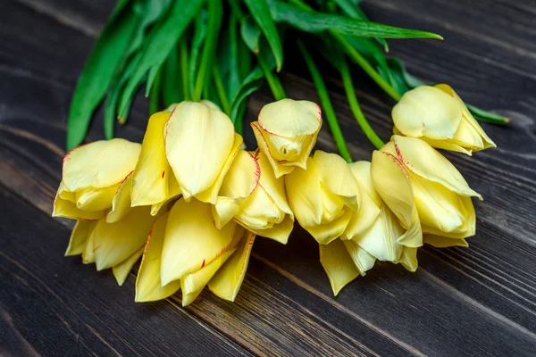 Fond Printanier Avec Bouquet Fleurs Tulipes Espace Copie Tulipes Jaunes — Photo