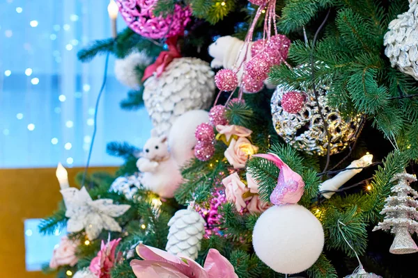 Homályos Kék Csillogó Háttér Díszített Karácsonyfa Vértes Másolja Hely Karácsonyi — Stock Fotó