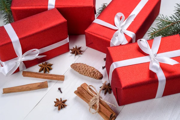 Christmas Background Red Gift Boxes Fir Tree Branches Pine Cones — Stock Photo, Image