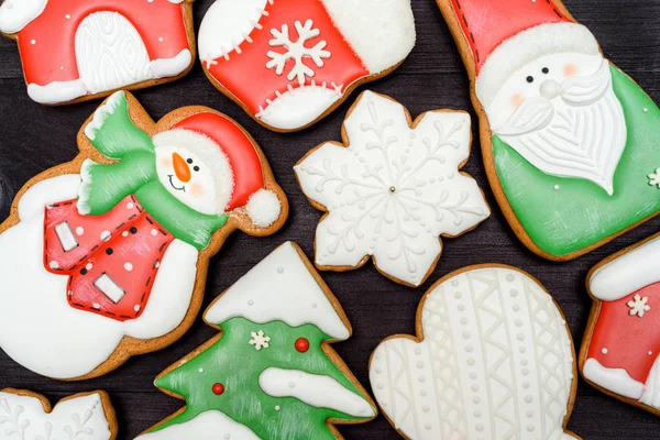Homemade Gingerbread Cookies Icing Dark Wooden Table Top View Flat — Stock Photo, Image