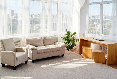 Şık modern oturma odası rahat bej kanepe ve koltuk, ahşap masa ve katta küçük yeşil ağaç. Oturma odası iç kanepe, mobilya ve büyük pencereler, kopya alanı ile