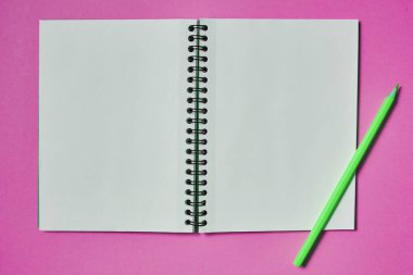 Açık sarmal boş defter ve yeşil kalem üzerinde pembe bir arka plan, kopya alanı mockup için izole. Natürmort, iş, ofis, eğitim kavramı. Üstten görünüm, flatlay