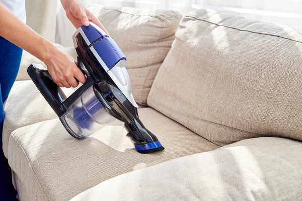 Close Woman Hand Vacuum Cleaner Copy Space Woman Cleaning Sofa — Stock Photo, Image