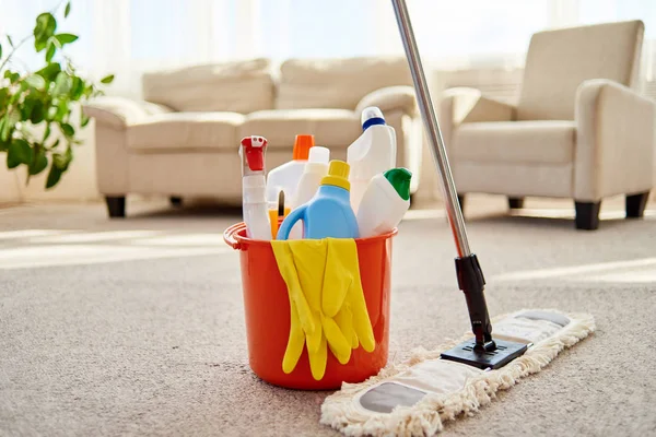 Cleaning Set Different Surfaces Orange Bucket Mop Floor Living Room — Stock Photo, Image