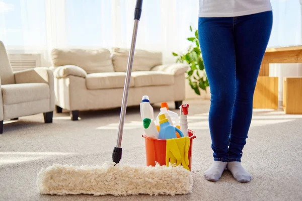 Cropped Image Beautiful Woman Protective Gloves Holding Flat Wet Mop — Stock Photo, Image