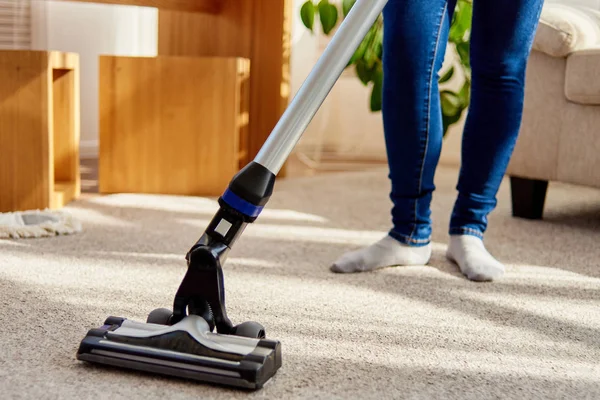 Close Young Woman Jeans Cleaning Carpet Vacuum Cleaner Living Room — Stock Photo, Image