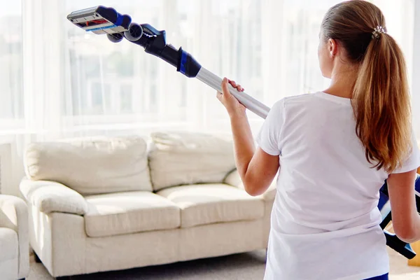 Close Young Woman White Shirt Holding Hands Wireless Vacuum Cleaner — Stock Photo, Image