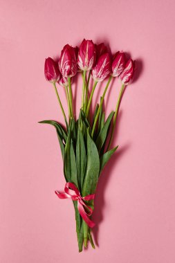 Pastel pembe kopya alanı üzerinde lale buketi. Bahar en az kavramı. Bayan günü, anneler günü, Sevgililer günü, Paskalya, Doğum günü. Doğa arka plan. Düz yatıyordu, en iyi görünümü