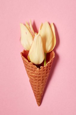 Sarı laleler dondurma koni pembe arka plan, kopya alanı üzerinde. Bahar en az kavramı. Bayan günü, anneler günü, Sevgililer günü, Paskalya, Doğum günü. Doğa arka plan. Düz yatıyordu, en iyi görünümü
