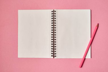 Sarmal boş defter ve kalem üzerinde pembe bir arka plan, kopya alanı mockup için izole açın. Natürmort, iş, ofis, eğitim kavramı. Üstten görünüm, flatlay