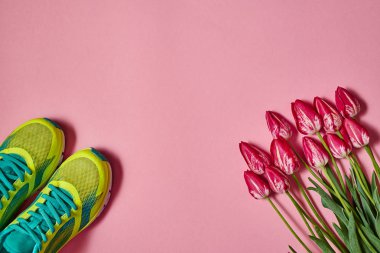 Çift spor ayakkabı ve lale pembe pastel arka plan üzerinde. Yeni spor ayakkabıları, kopya alanı. Ayak çalışan genel gider atış giymek. Üstten görünüm, düz yatıyordu. Bahar, spor, en az kavramı