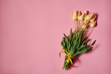 Pastel pembe kopya alanı üzerinde sarı laleler buket. Bahar en az kavramı. Bayan günü, anneler günü, Sevgililer günü, Paskalya, Doğum günü. Doğa arka plan. Düz yatıyordu, en iyi görünümü