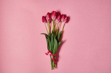 Pastel pembe kopya alanı üzerinde lale buketi. Bahar en az kavramı. Bayan günü, anneler günü, Sevgililer günü, Paskalya, Doğum günü. Doğa arka plan. Düz yatıyordu, en iyi görünümü