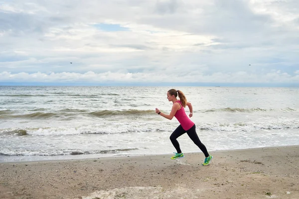 Athletic Woman Running Sea Beach Copy Space Female Runner Working — Stock Photo, Image