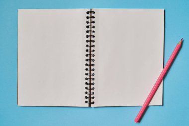 Açık sarmal boş defter ve pembe kalem mavi arka plan, kopya alanı mockup için izole. Natürmort, iş, ofis, eğitim kavramı. Üstten görünüm, flatlay