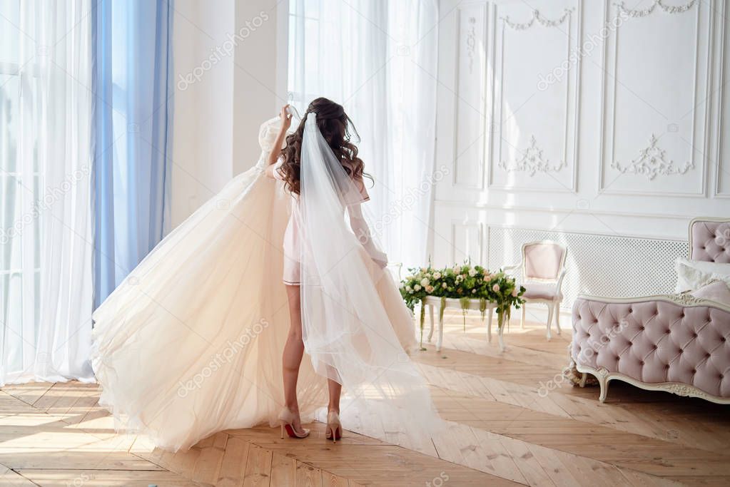 Portrait of happy beautiful bride in pink pajamas with long curly hair and veil holding wedding dress in bedroom, copy space. Bride's morning preparation, back view