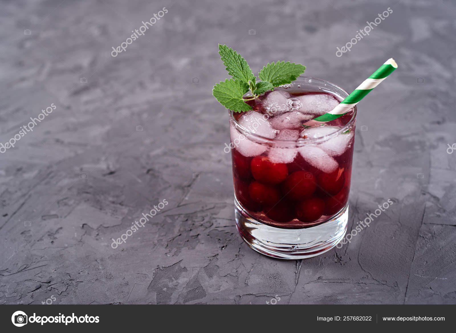 Fresh Cherry Lemonade Ice Mint Green Paper Straw Sparkling Glass Stock Photo C D Duda 257682022
