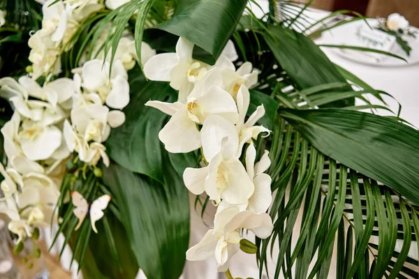 Arranjo floral exuberante de orquídeas e folhas monstera em weddin — Fotografia de Stock