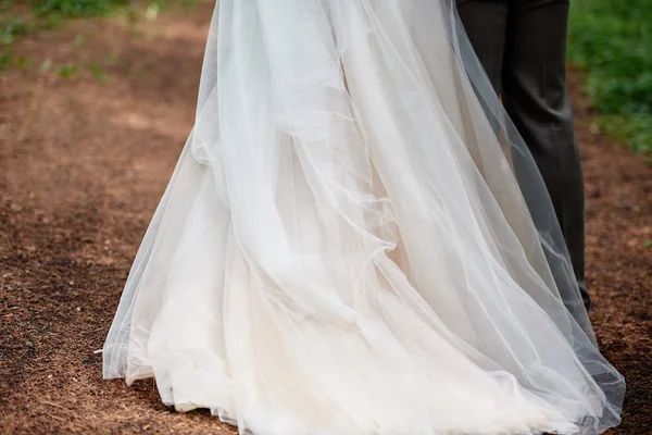 Lycklig brud och brudgum gå i skogen på bröllopsdag. Bröllo — Stockfoto