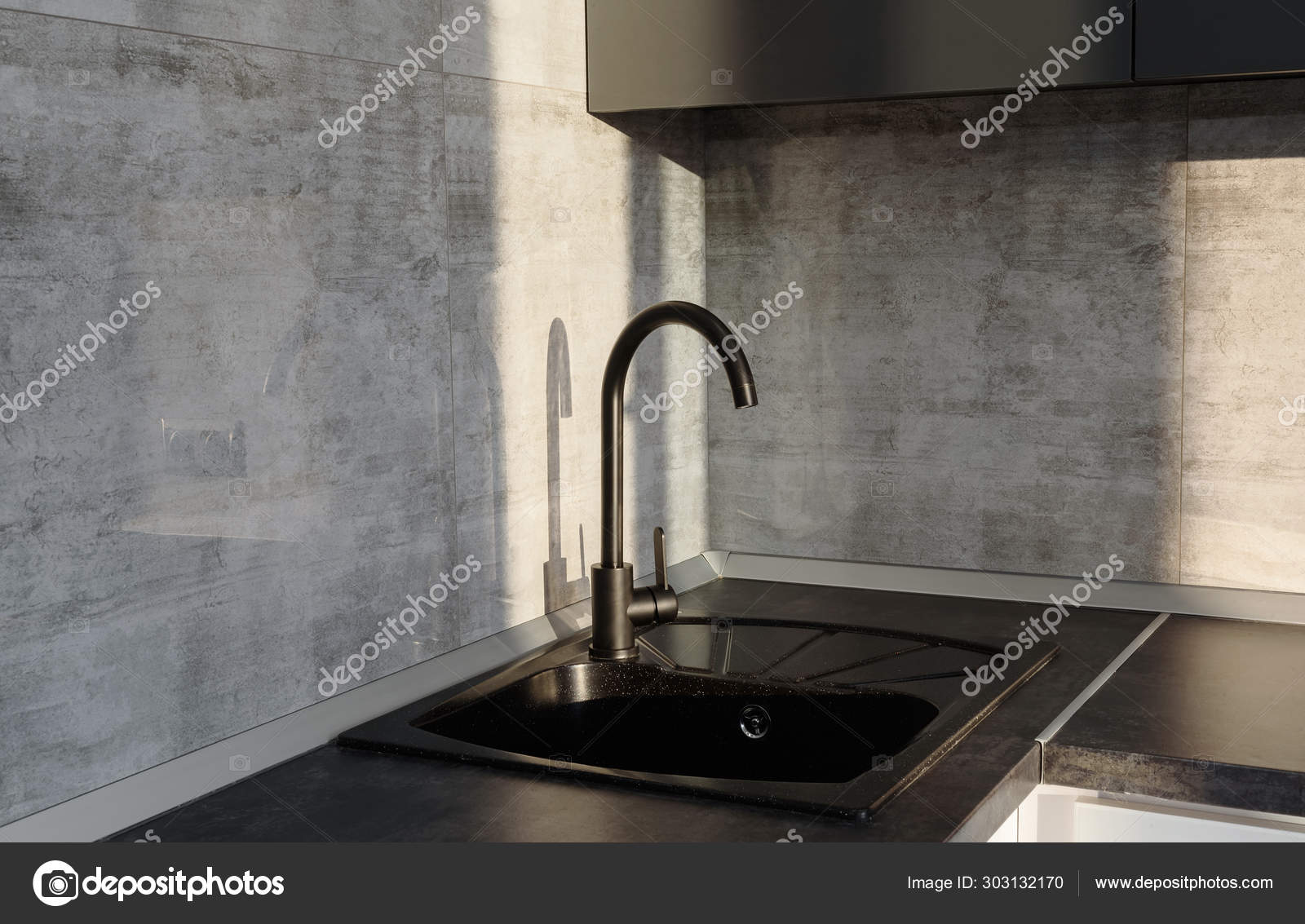 Modern Kitchen Interior With Black Ceramic Sink And Faucet Copy Stock Photo Image By C D Duda 303132170