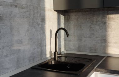 Siyah seramik lavabo ve musluk ile Modern mutfak iç, kopya